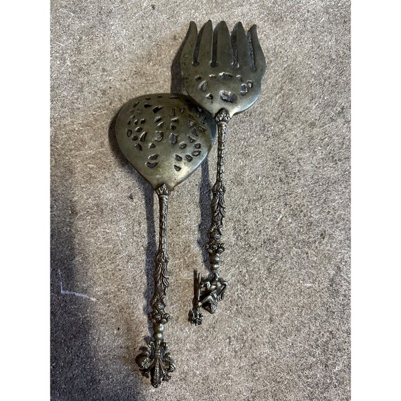 Vintage Italian Ornate Large Cherubs Lion Spoon Fork Serving Utensils Salad - Picture 5 of 6
